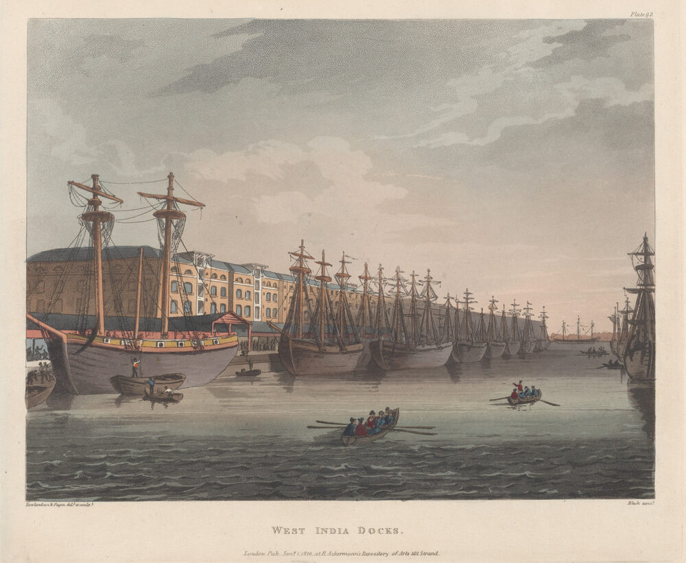 West India Docks, London, 1810 — ships from the colonial trade
