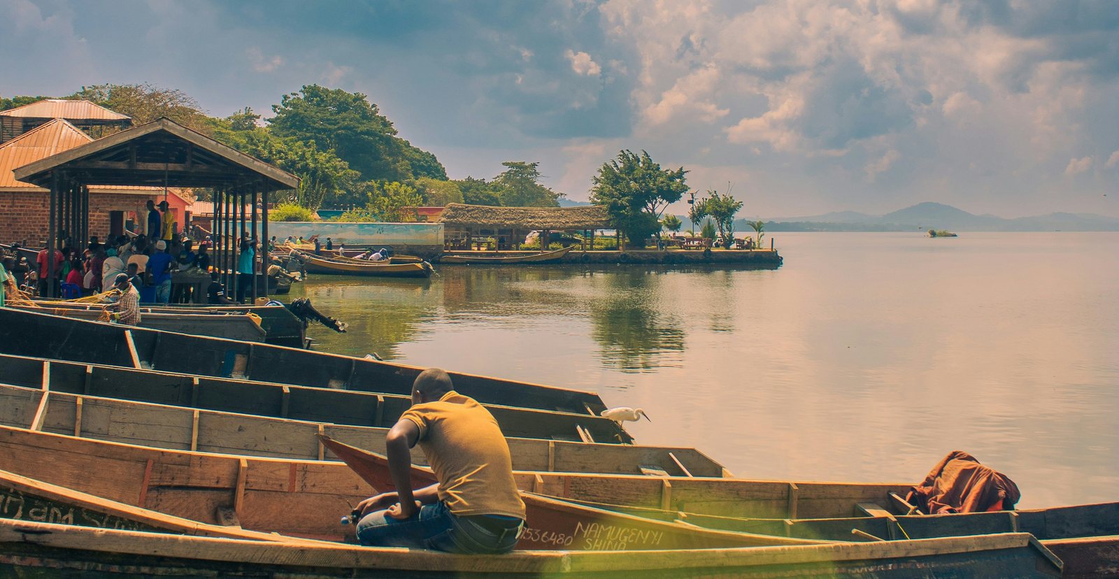 Fishing boats and the landing-site market at Lake Victoria, Busabala, Uganda