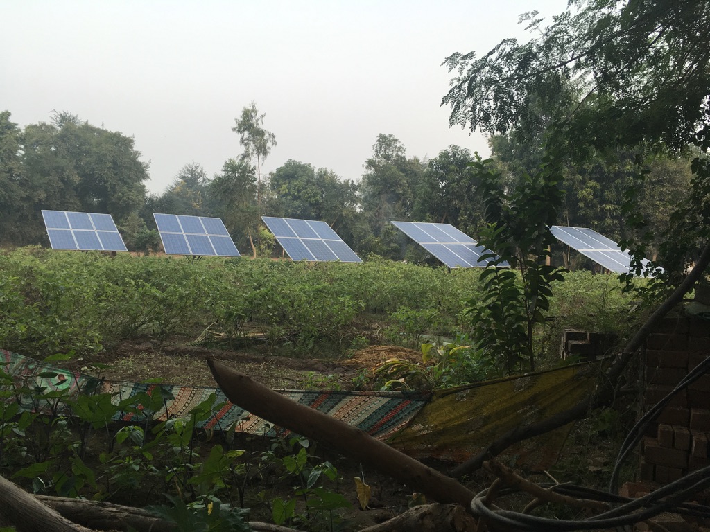 Five solar arrays above vegetable plots at the Dhundi solar pump irrigators' cooperative in Kheda district, Gujarat